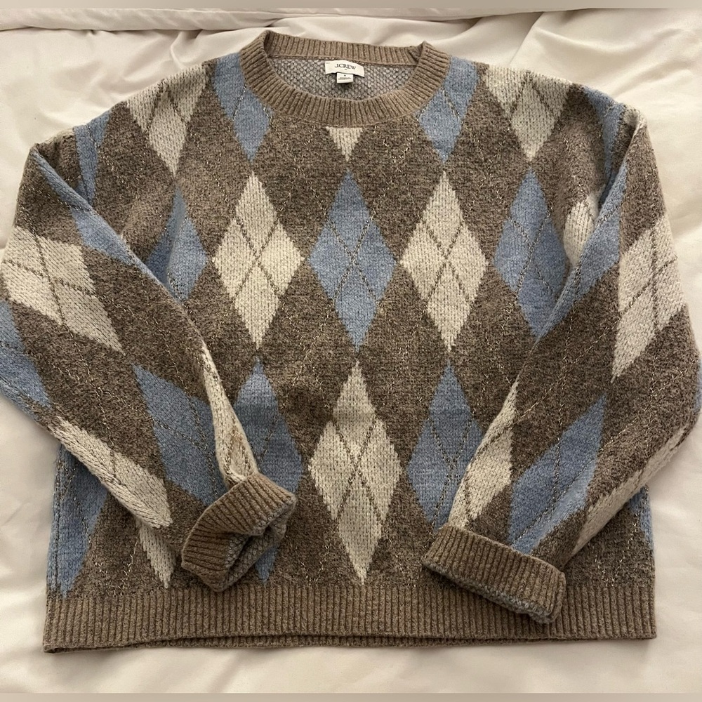 J.Crew Argyle Sweater Grey, Blue, Ivory with subtle sparkle trim